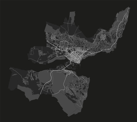 Varna map. Detailed vector map of Varna city administrative area. Cityscape poster metropolitan aria view. Black land with white buildings, water, forest. White background.のイラスト素材