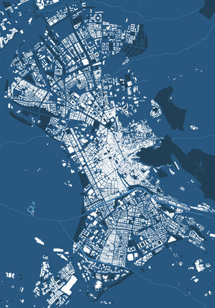 Detailed blue map poster of Granada city administrative area. Skyline panorama. Decorative graphic tourist map of Granada territory. Royalty free vector illustration.のイラスト素材