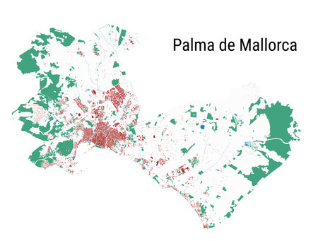 Palma de Mallorca map. Detailed map of Palma de Mallorca city administrative area. Cityscape panorama. Royalty free vector illustration. Outline map with buildings, water, forest.のイラスト素材