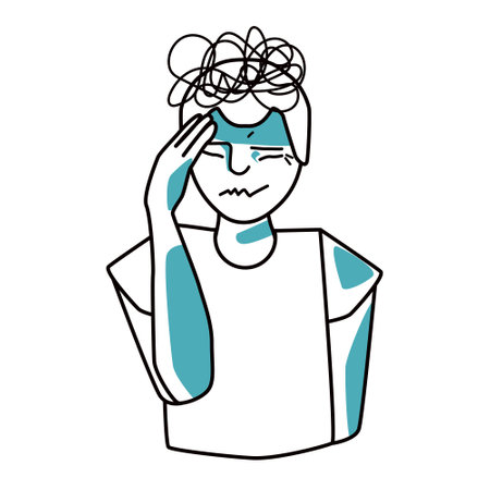 Stressed boy, emotion of anxiety. Stressful mood of a teenager, worry adolescent with tension, under stress and pressure. Holding hand on a head. Half body drawing, line art with blue aqua spots.のイラスト素材