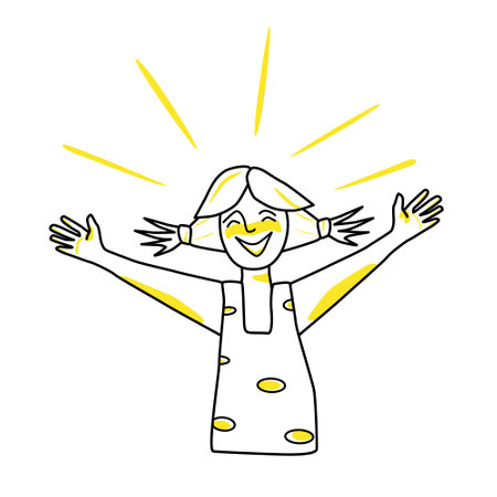 Happy girl, emotion of happiness. Joyful half body adolescent with ponytails haircut, good spirit of female child, hands to the sides. Line with yellow spots style, teenager vector drawing.のイラスト素材