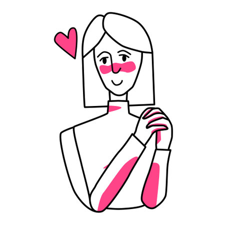 Shy woman with emotion of love. Beloved female half body drawing, sweetheart tender mood of a maid, amour affection flirting, square hair. Line with pink spots style.のイラスト素材