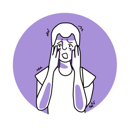 Frightened boy, emotion of fear, facial expression with gestures. Afraid teenager with white hair, expressing his panic feelings. Purple vector circle icon.のイラスト素材