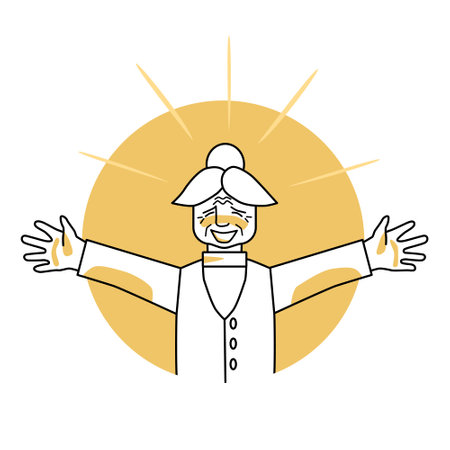 Happy old woman, emotion of happiness, facial expression with gestures. Joyful grandmother with white hair, expressing her happy feelings. Yellow vector circle icon.のイラスト素材