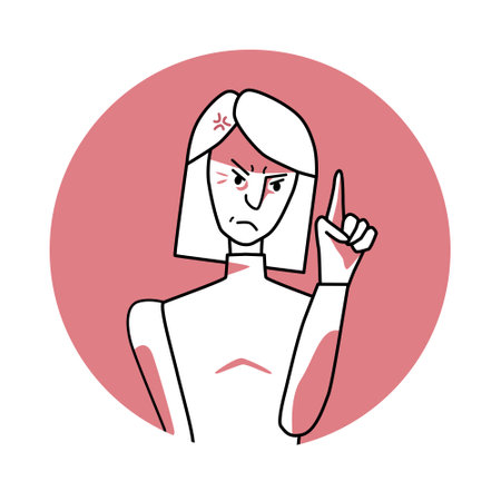 Adult woman with angry emotion, facial expression with hands. Annoyed female with white hair, expressing her negative feelings with gestures. Red vector circle icon.のイラスト素材