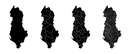 Set of state maps of Albania with regions and municipalities division. Department borders, isolated vector maps on white background.のイラスト素材