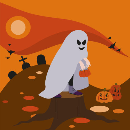 Halloween kid with evil smiling ghost mantle standing on a stump, holding bags with candies. Pumpkins and graves aside. Orange and red sky, yellow moon.のイラスト素材