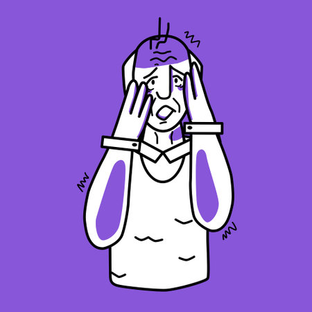 Frightened grandfather, emotion of fear, purple and white. Afraid half body elderly man line drawing, horror panic mood, dread, cover his face with hands. Line art.のイラスト素材