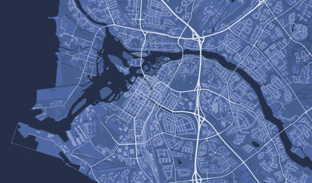 Blue Oulu map, Finland. Vector city streetmap, municipal area.