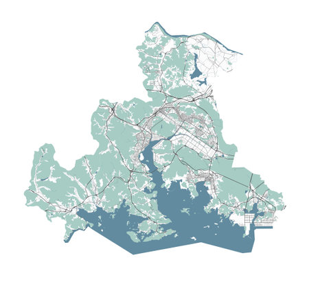 Map of Changwon, South Korea. Detailed city vector map, metropolitan area with border. Streetmap with roads and water.のイラスト素材