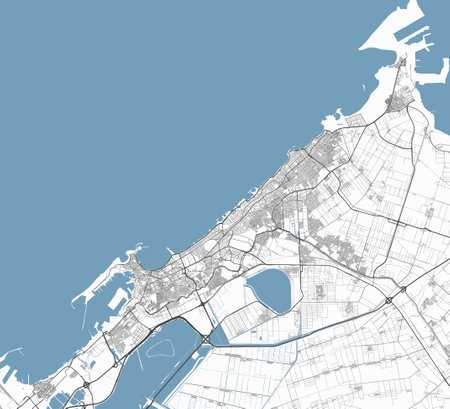 Map of Alexandria, Egypt. Detailed city vector map, metropolitan area. Streetmap with roads and water.のイラスト素材