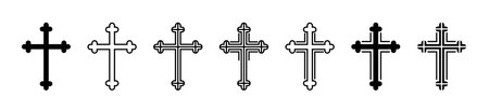 Catholic cross set, silhouette of religious Christian symbol, icon shape collection. Outline emblem.のイラスト素材