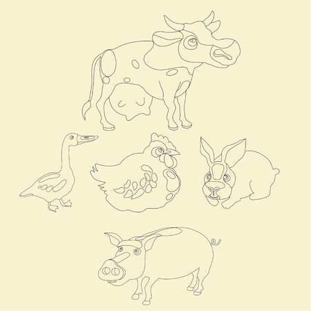 Vector illustration set. Farm animals outline collectionのイラスト素材