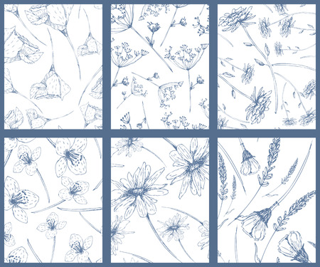 Set of seamless patterns with hand drawn flowersのイラスト素材
