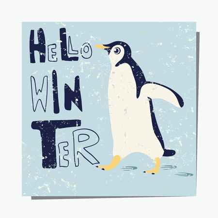 Vector template with penguin. Textured  pattern for placards, brochures, posters, greeting cards postcards. Winter greetings.のイラスト素材