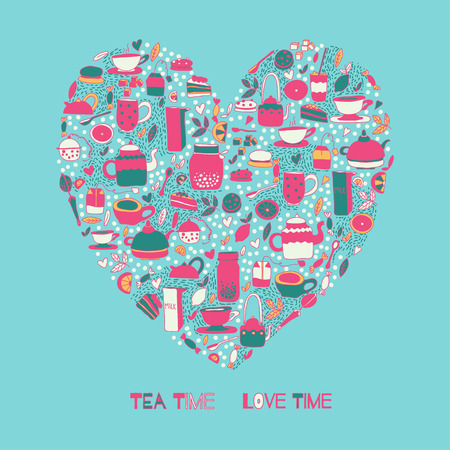Cartoon heart vector template. Blue pattern with doodle tea objects for posters, greeting cards and banner, web designs. Tea Time Love Time quote.のイラスト素材