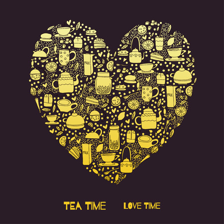 Cartoon heart vector template. Golden pattern with doodle tea objects for posters, greeting cards and banner, web designs. Tea Time Love Time quote.のイラスト素材