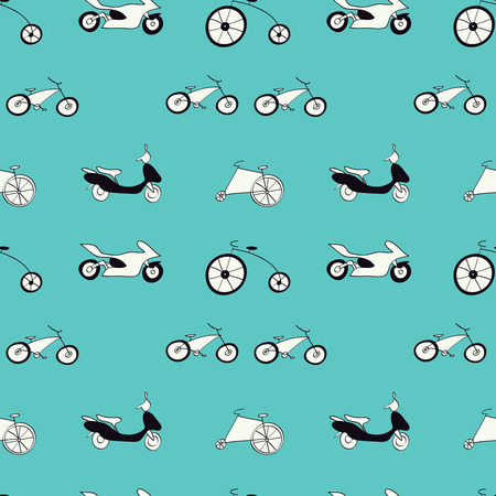 template with  bicycle. Cartoon blue colored transport seamless pattern for  brochures, posters, greeting cardsのイラスト素材