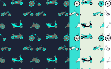 template set with  bicycle. Cartoon colored transport seamless pattern for  brochures, posters, greeting cards,party invitationのイラスト素材
