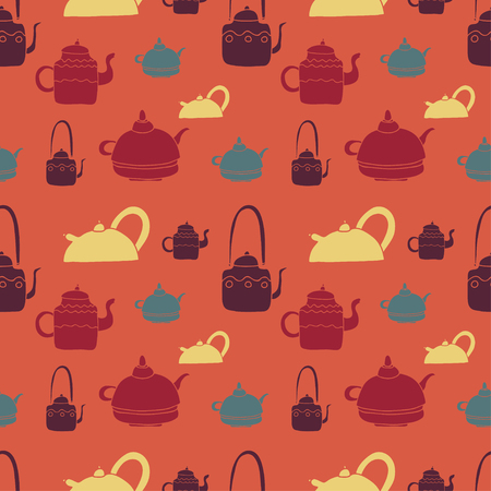 Vector seamless pattern set. Tea theme. Colored hand drawn tea objects. Pastel colors yellow, brown, red, blue, orangeのイラスト素材