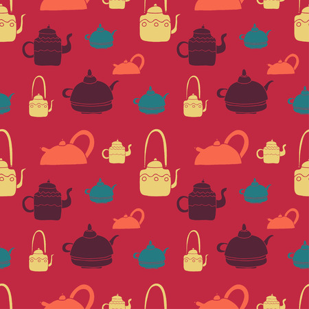 Vector seamless pattern set. Tea theme. Colored hand drawn tea objects. Pastel colors yellow, brown, red, blue, orangeのイラスト素材