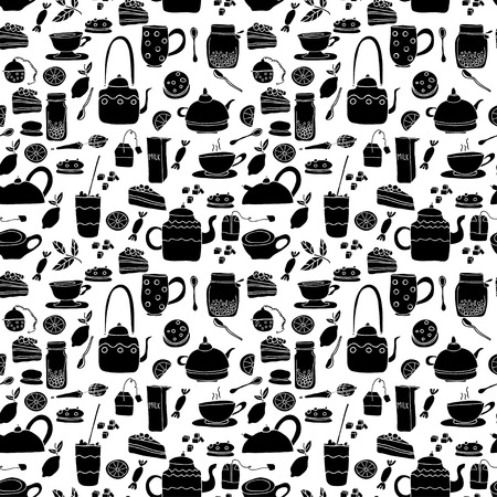 seamless pattern. Tea theme. Black and white hand drawn cartoon tea objects.のイラスト素材