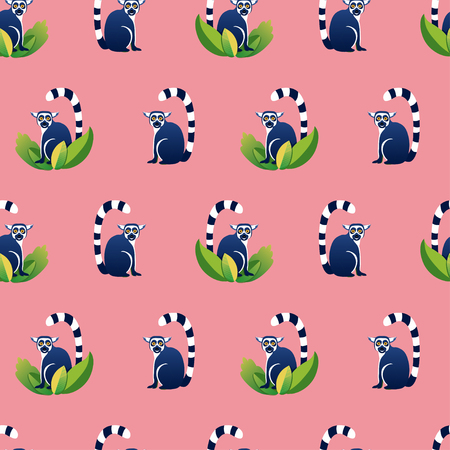 Vector seamless pattern with cartoon lemurs. Pink, blue, green colorsのイラスト素材