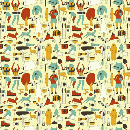 Vector hand drawn cartoon seamless camping pattern. Picnic, travel and camping theme. Retro colored camping pattern. Textil, paper, polygraphy, game, web designのイラスト素材