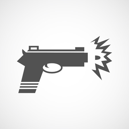 Vector flat gun shot icon. Isolated black gun icon, web site design, app, UI. Flat weapon illustration for posters, cards, book cover, flyers, banner, web, game designs.のイラスト素材