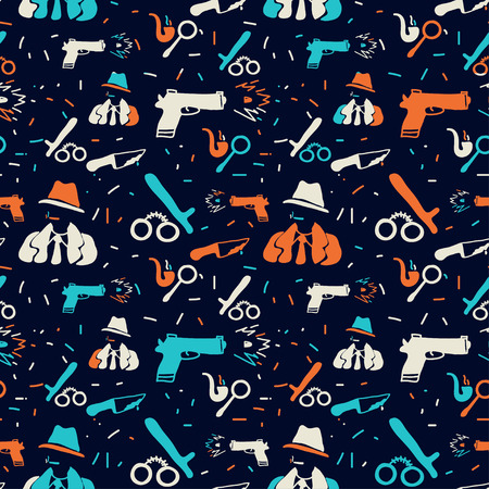 Vector hand drawn seamless pattern with detective, gun, handcruffs. Crime, detective, noir, police theme. Colored detective pattern for textile, paper, book, game, cards, banner, web design.のイラスト素材