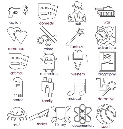 Vector line icons set. Cinema genres theme.のイラスト素材