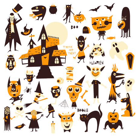 set of icons and characters with Halloween themeのイラスト素材