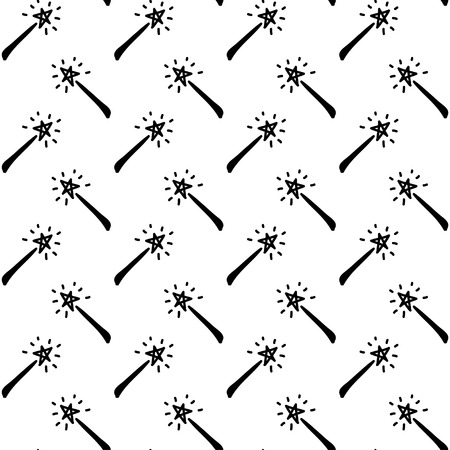 Vector hand drawn cartoon seamless pattern with magic wands. Fantasy, magic theme. Black and white magic pattern for paper, textile, polygraphy, game, web designのイラスト素材