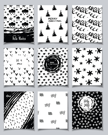 Vector hand drawn doodle card set. Winter holidays theme. Collection of cute black and white template with quotes for New Year, Christmas, holiday, business, birthday, party invitations.のイラスト素材
