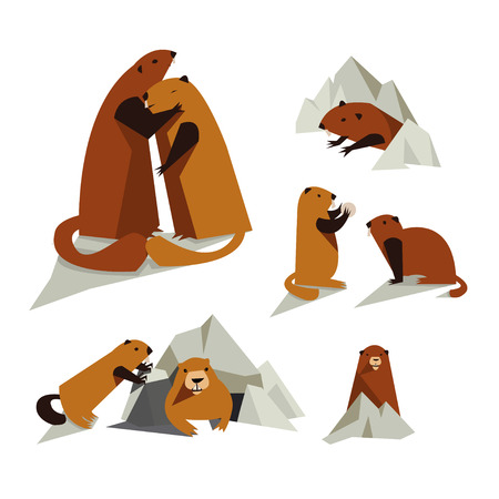 Vector set of groundhogs on white background. Isolated rodent icon for polygraphy, web design, logo, app, UI.のイラスト素材