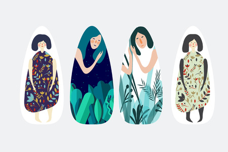 Vector illustration set with sleepy and cheerful girls in the jungle.のイラスト素材