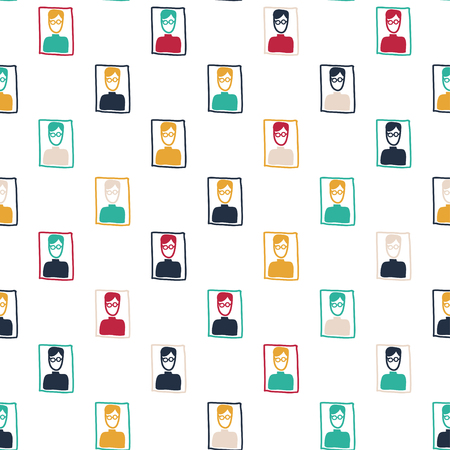 Hand drawn seamless pattern with man portraits. Family theme. Colored doodle pattern for textile, paper, book, game, cards, banner, web design.のイラスト素材