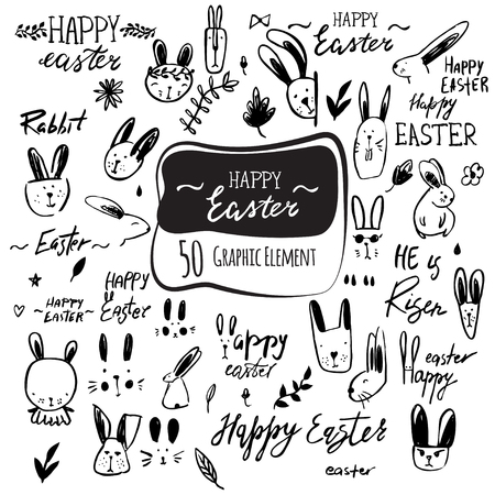 Vector hand drawn easter icon and lettering set. Happy Easter calligraphy, rabbit characters, flowers and plants.のイラスト素材