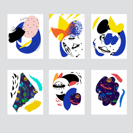Vector contemporary greeting card set. Hand drawn ink template with planets, galaxy, spaceship, ufo for cards, flyers, brochures, business, birthday, anniversary, wedding, party invitation, holidays.のイラスト素材
