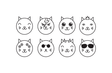 Vector flat cat icon set: hero, princess, cute, evil, hipster, mutant, alien, boss. Line isolated animal icons on white background.のイラスト素材