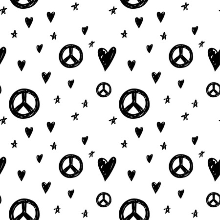 Vector seamless cartoon pattern with peace sign, hearts and stars. Hand drawn black and white hippie pattern for paper, textile, handmade decoration, scrap-booking, polygraphy, clothes, cards.のイラスト素材