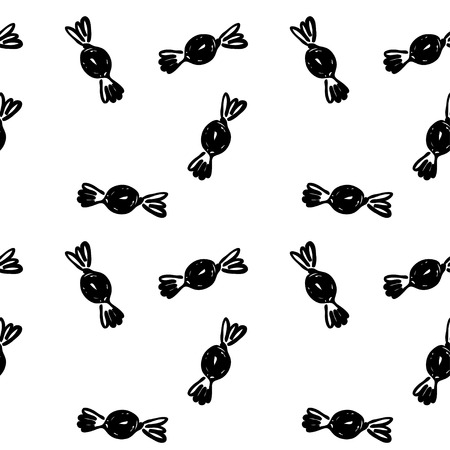 Vector seamless cartoon pattern with candies. Cute black and white hand drawn candy pattern for paper, textile, handmade decoration, scrap-booking, polygraphy, t-shirt, cards.のイラスト素材