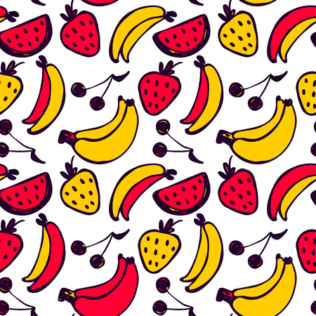 Vector seamless cartoon pattern with banana, strawberry, cherry. Hand drawn colored fruits pattern for paper, textile, handmade decoration, scrap-booking, polygraphy, clothes, cards.のイラスト素材