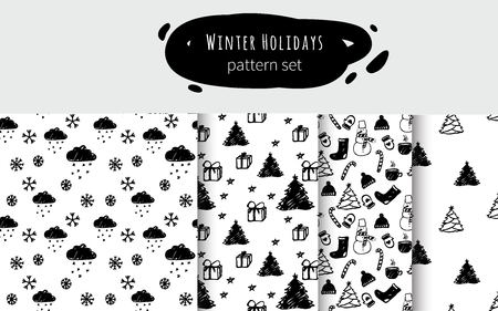 Vector seamless Christmas and New Year cartoon pattern set. Black and white.のイラスト素材
