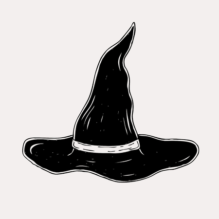 Black hand drawn witch hat illustration. Graphic sketch for posters, tattoo, clothes, t-shirt design, pins, patches, badges, stickers.のイラスト素材
