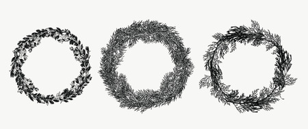Hand drawn collection of evergreen wreath in vintage style. Botanical illustration for holiday decor.のイラスト素材