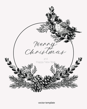 Christmas card in vintage style. Hand drawn botanical illustration with tit bird, evergreen plants and cones. Greeting template for winter holidays.のイラスト素材