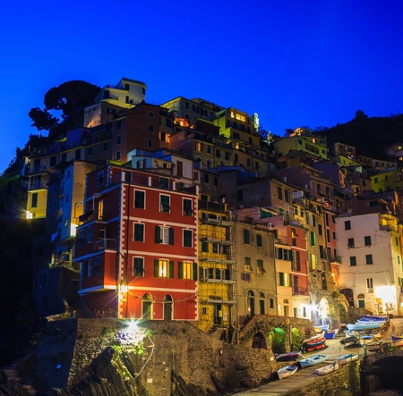 Riomaggiore village of Cinque Terre and twilight with blue skyの素材