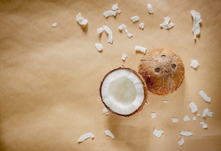 Coconut on natural brown background with copy spaceの素材