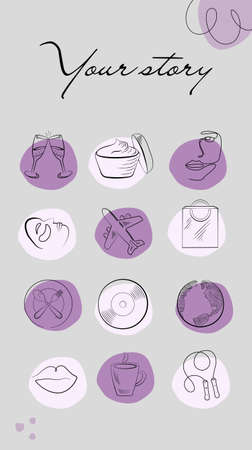 Set of icons. Backgrounds for highlighter covers for social media. Round elements in vector. Rest, travel, music, relaxation, sports.の写真素材